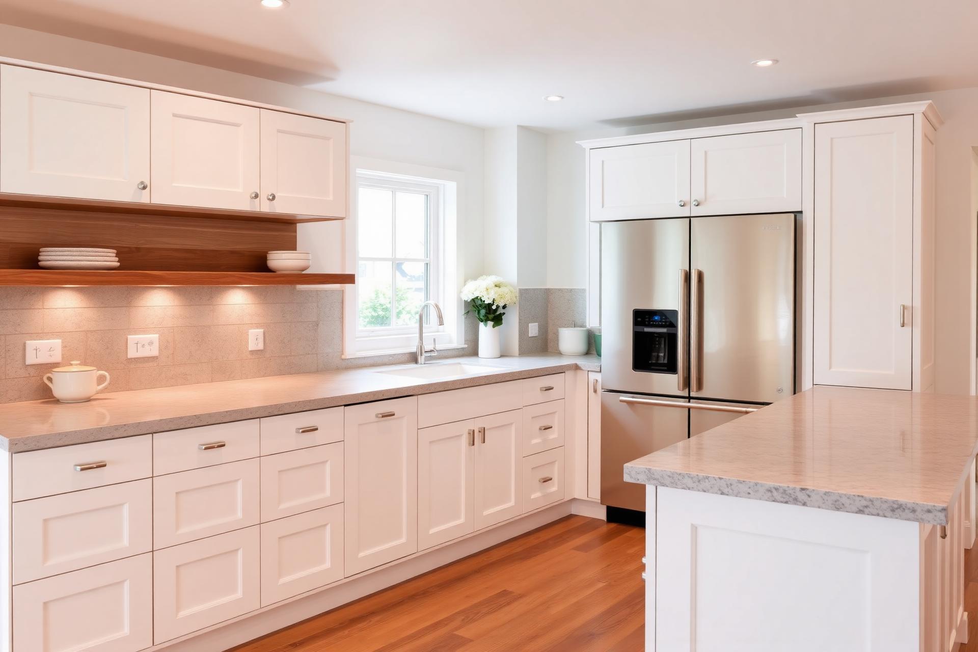 A finished white shaker kitchen with stone countertops